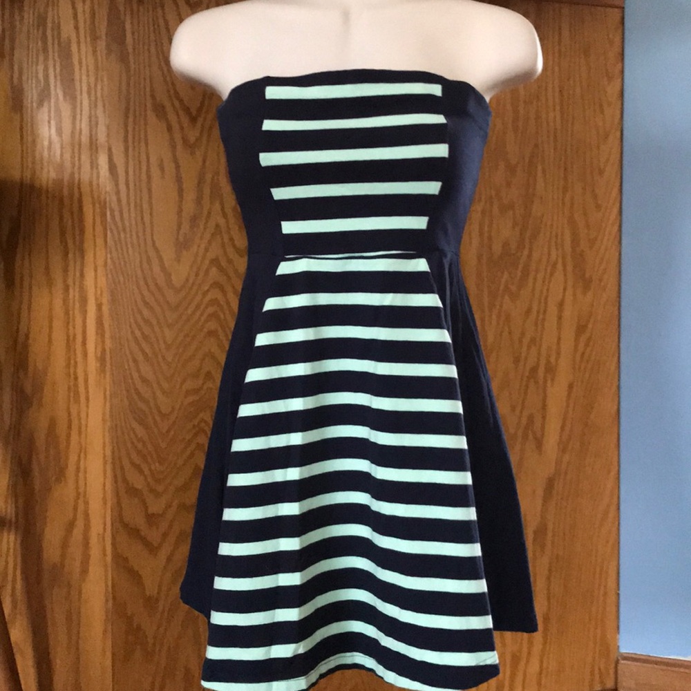 Express mint & blue green striped skater dress XS